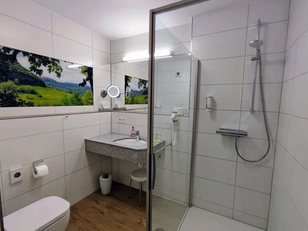 Modernes Badezimmer mit Dusche, Waschbecken und Toilette